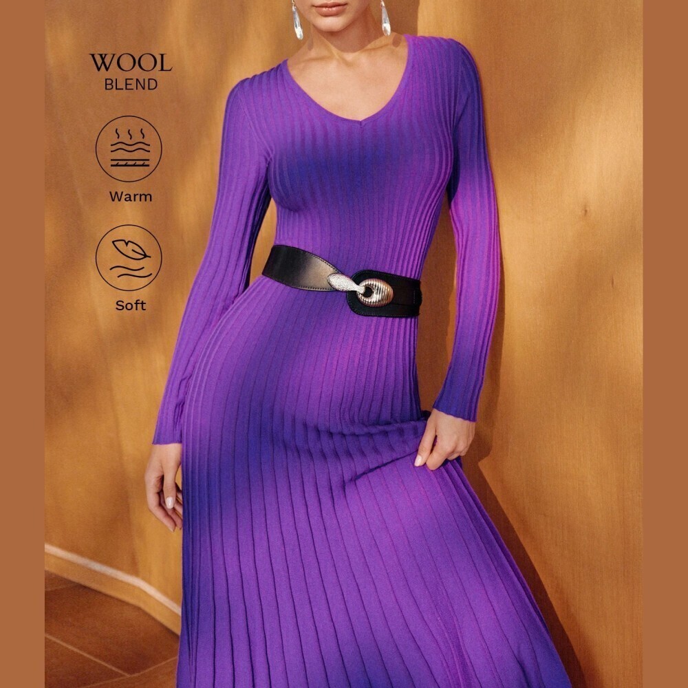 Purple Ribbed Knit V Neck Long Sleeve Maxi Sweater Dress